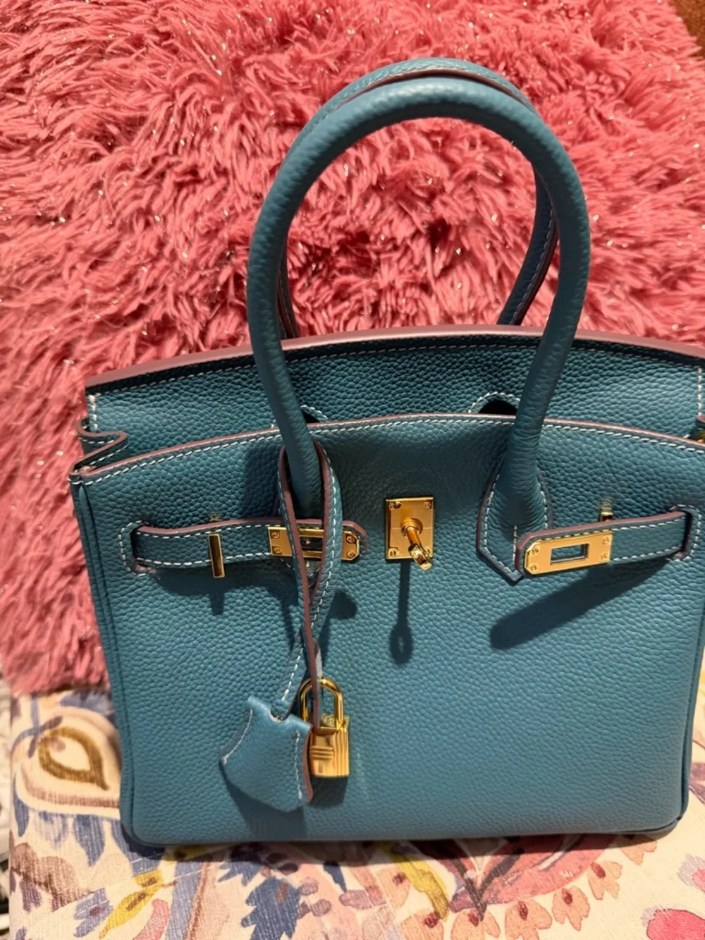 Structured Leather Tote Bag in Royal Blue with Gold Hardware - Picture 2 of 8
